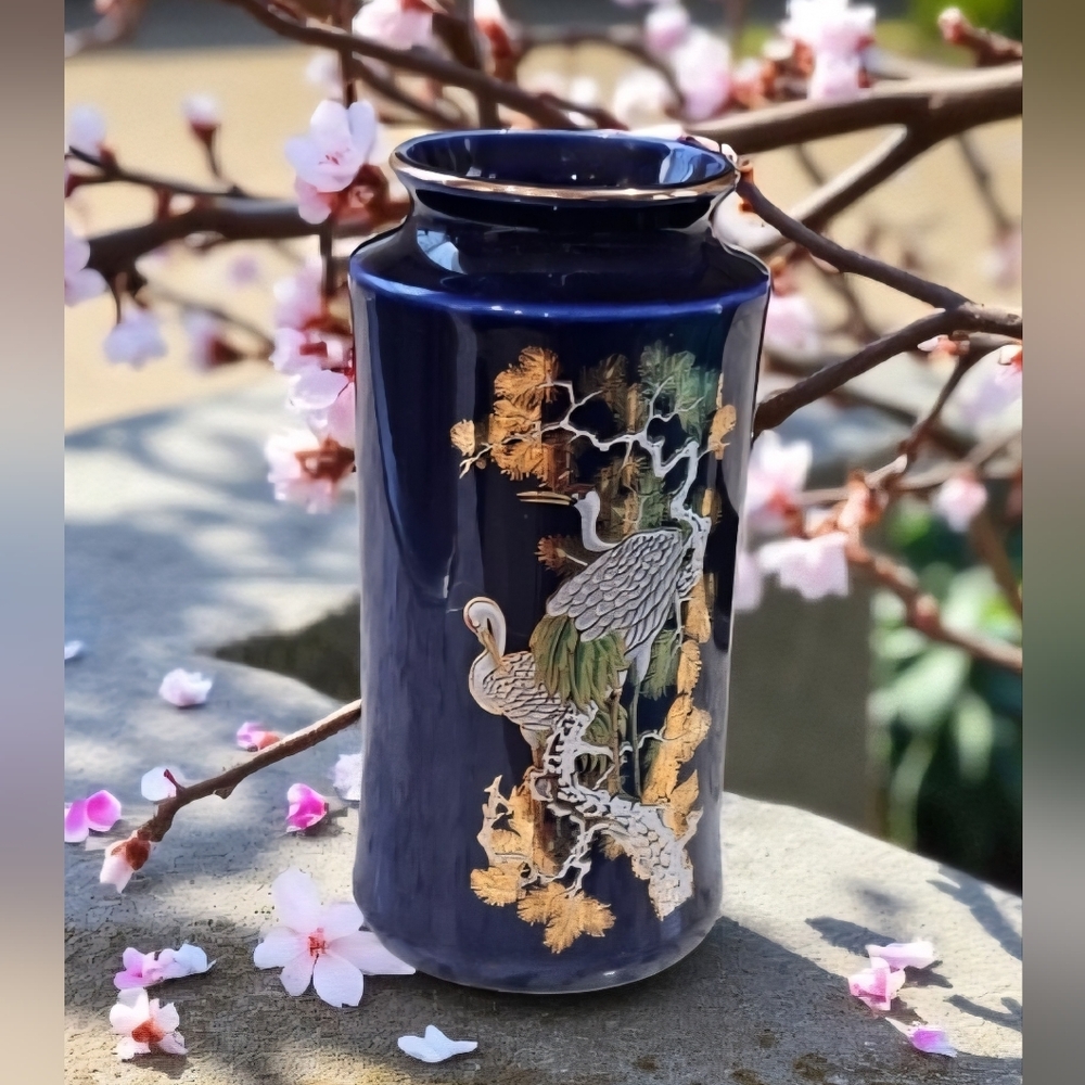 Vintage Japanese Porcelain Cobalt Blue Crane Vase 6"